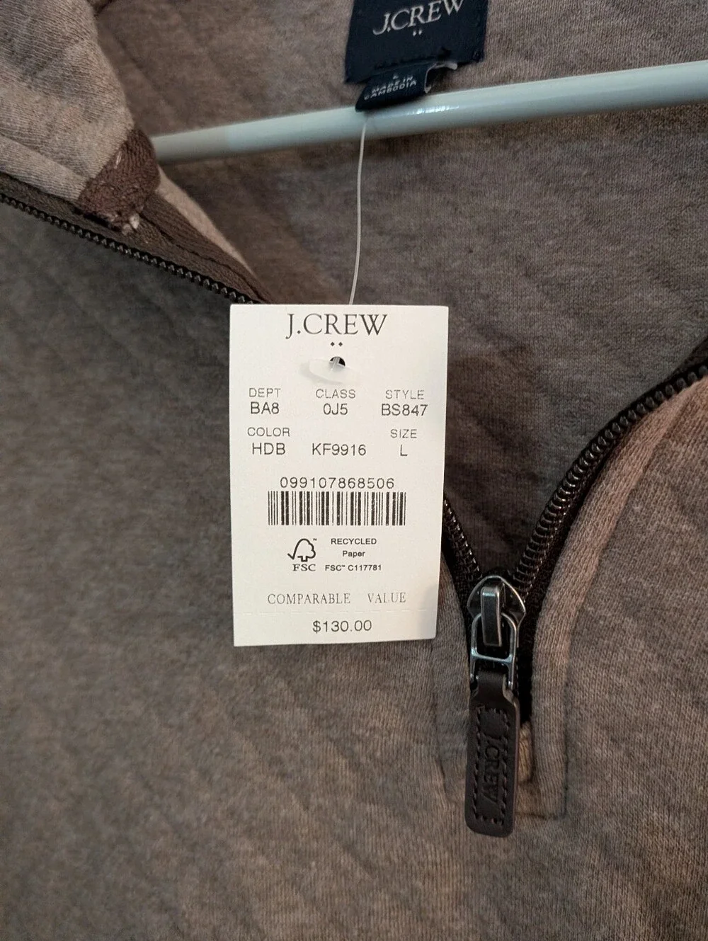 J. Crew Quilted Half-Zip Pullover in Taupe Brown
